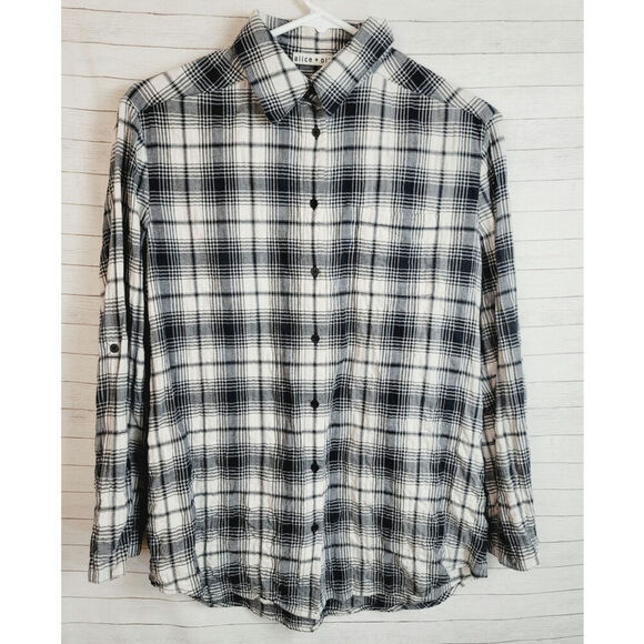 Alice + Olivia Black White Plaid Button Up Shirt w Leather Tie Details sz Medium - Picture 1 of 15
